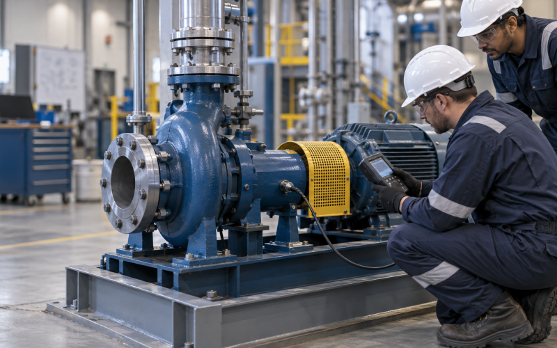 Maintenance engineers checking an ANSI process pump bearing housing with a handheld vibration analyzer