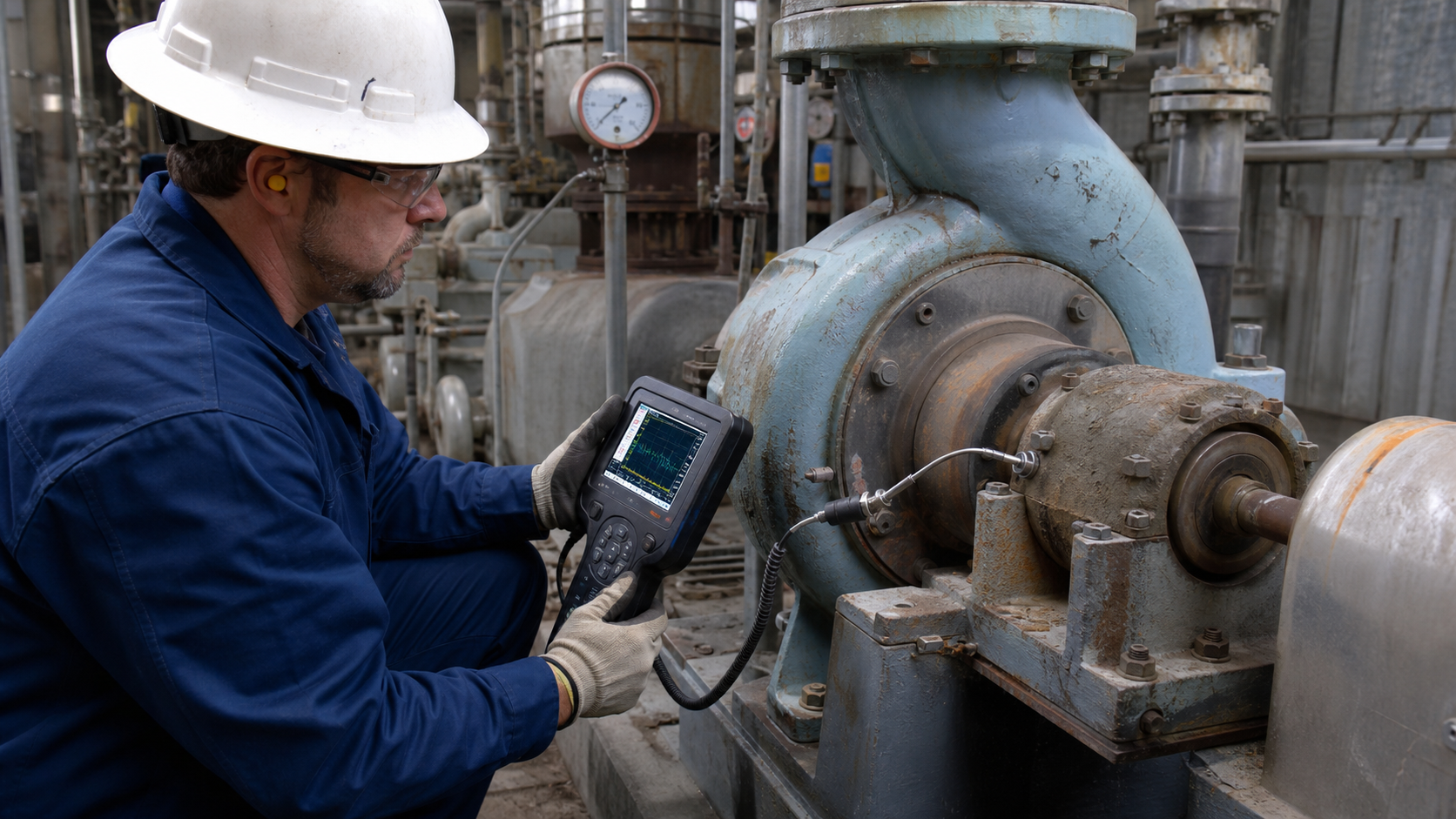 Engineer diagnosing a Durco Mark III style ANSI pump bearing with vibration and temperature tools