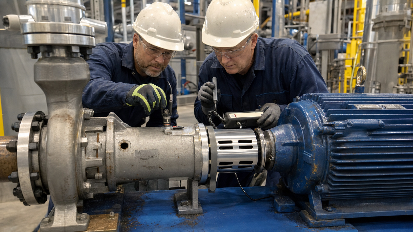 Maintenance team inspecting bearing housing, coupling alignment and vibration on an ANSI process pump
