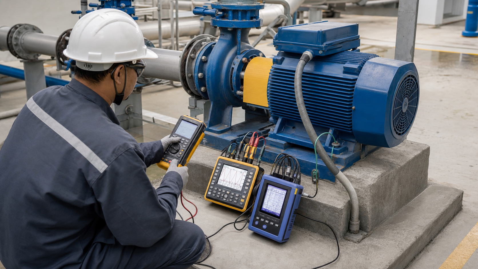 Technician recording motor current, voltage and flow on a centrifugal pump