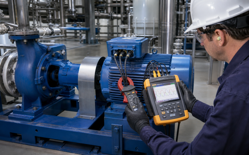 Engineer measuring electrical power on an ANSI process pump motor