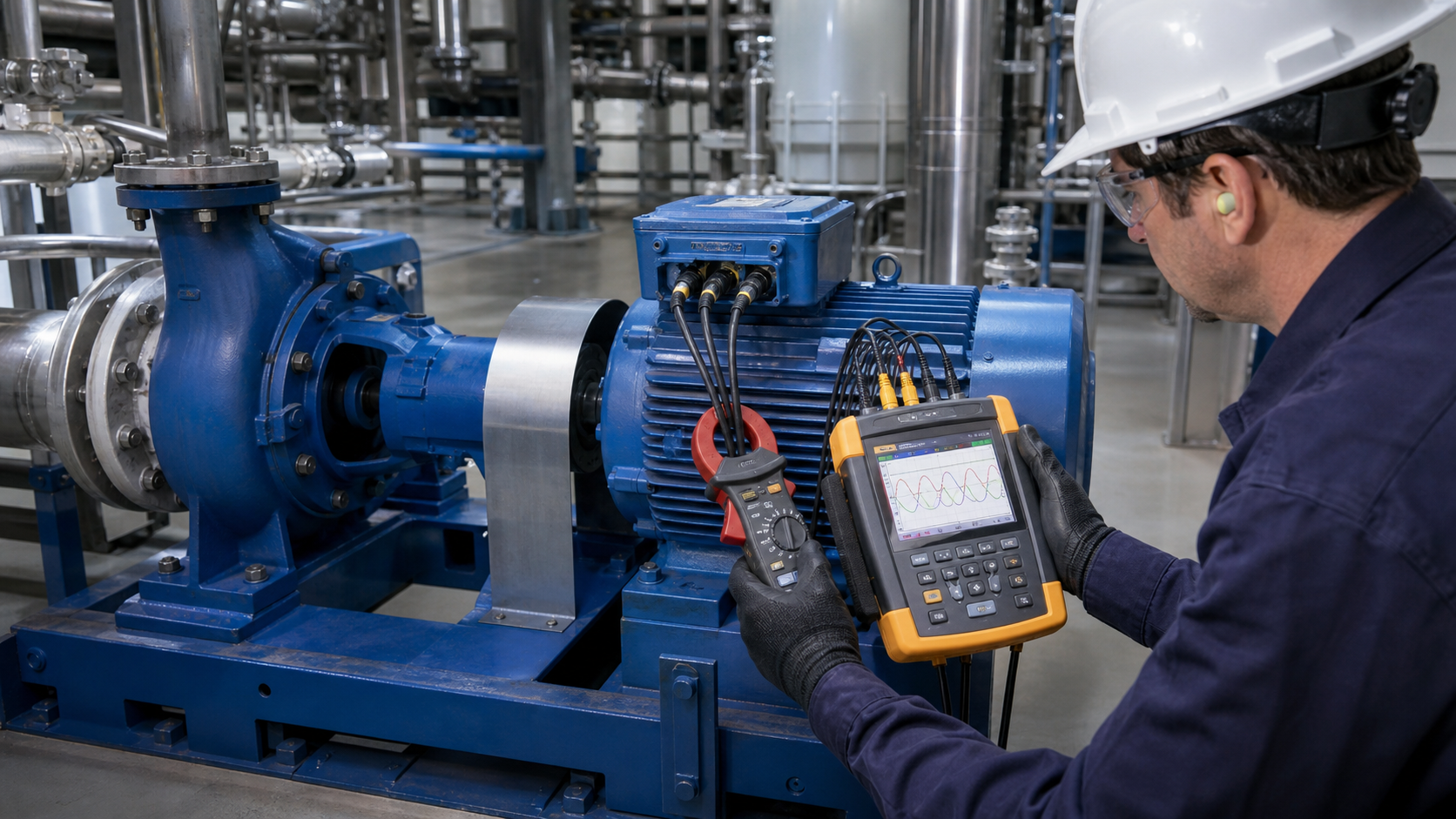 Engineer measuring electrical power on an ANSI process pump motor