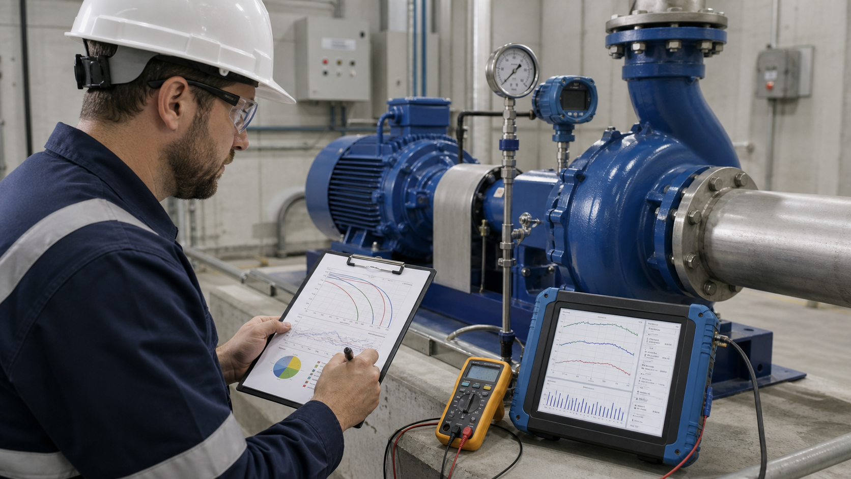 Engineer comparing pump flow, head and electrical power measurements
