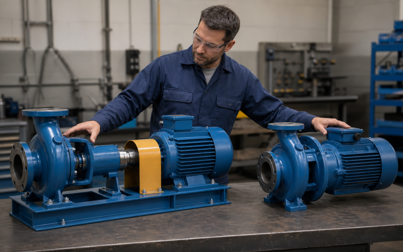 Engineer comparing frame-mounted and close-coupled centrifugal pump configurations