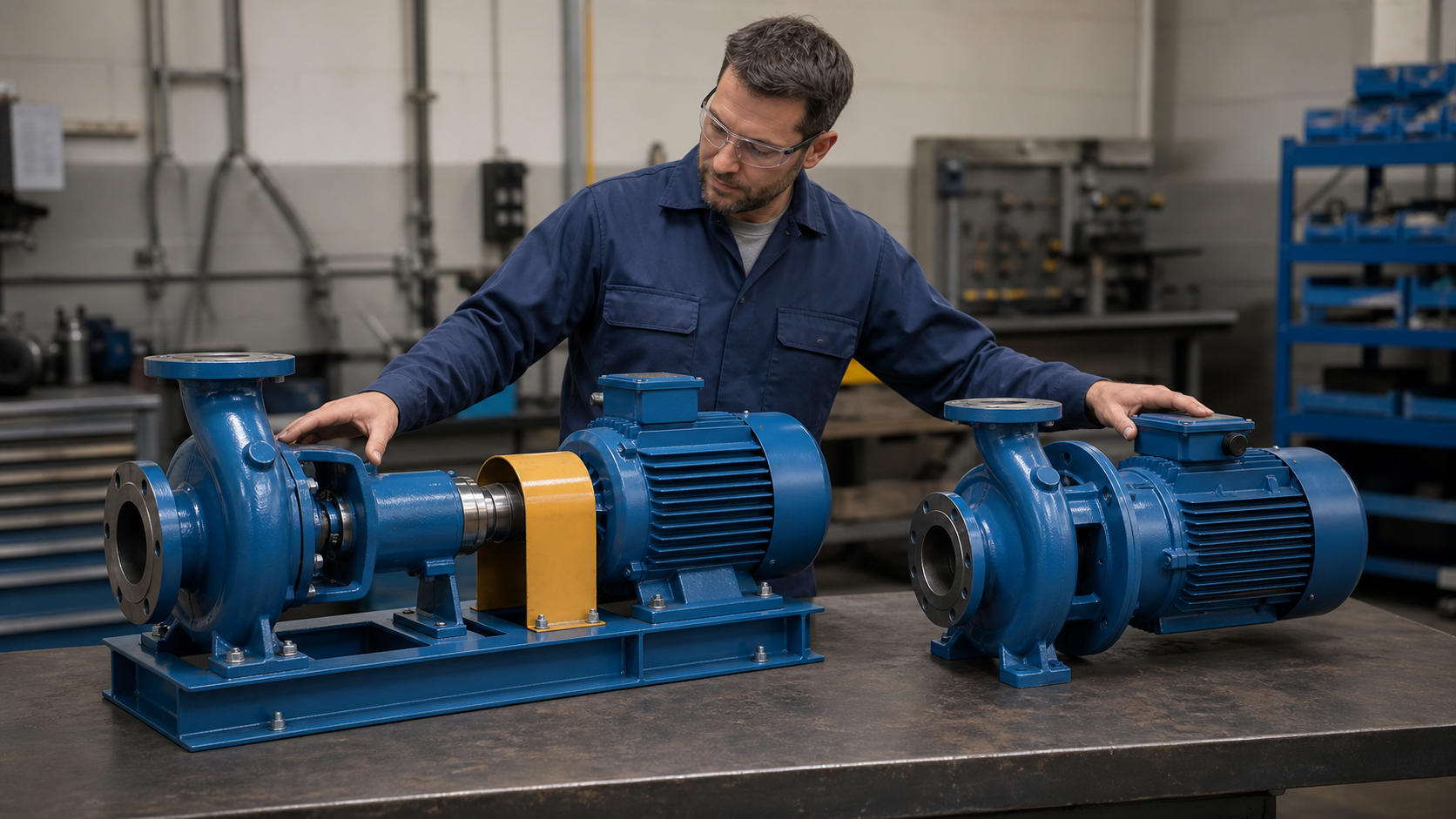 Engineer comparing frame-mounted and close-coupled centrifugal pump configurations