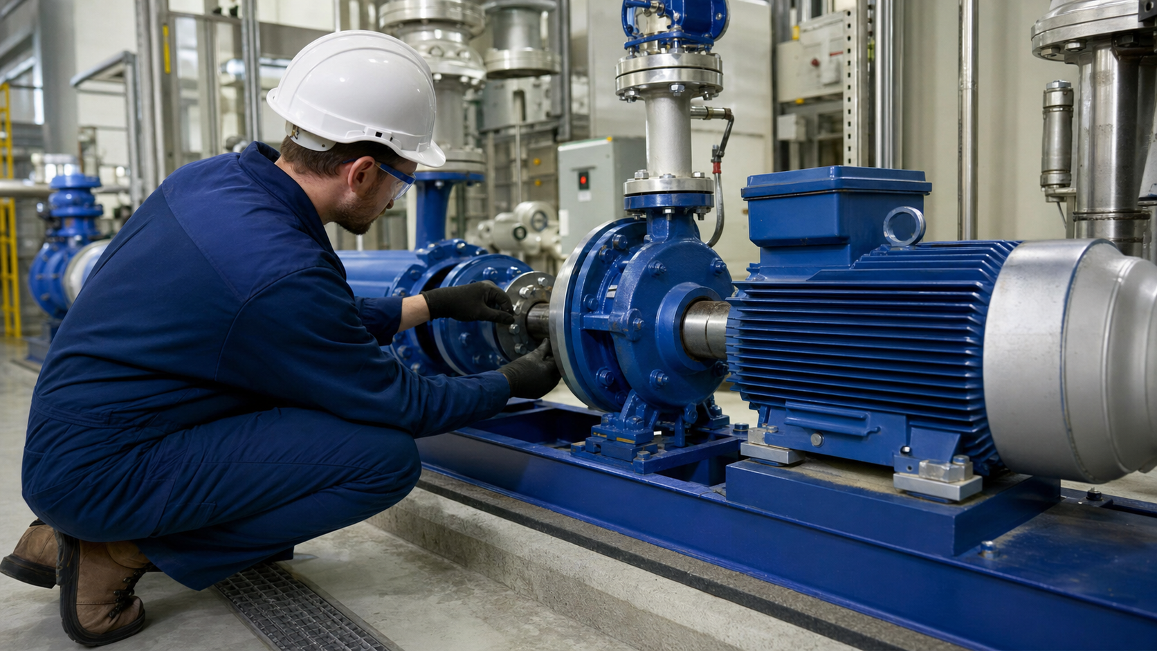 Technician aligning a frame-mounted centrifugal pump and inspecting the motor interface