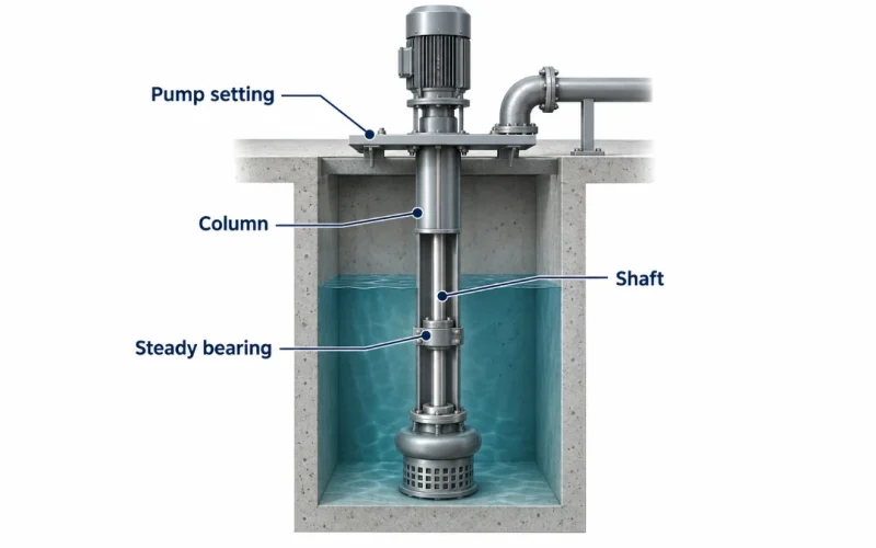 Vertical sump pump cutaway labeled pump setting, column, shaft and steady bearing