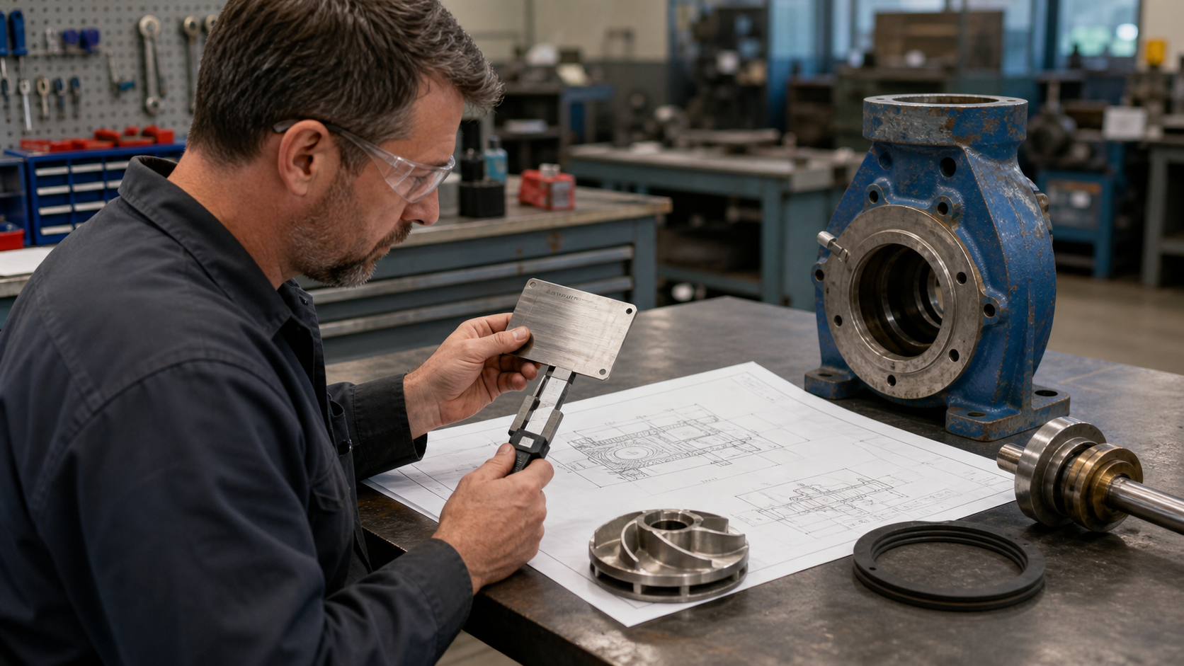 Technician comparing a Goulds 3196 nameplate, drawing and replacement part dimensions