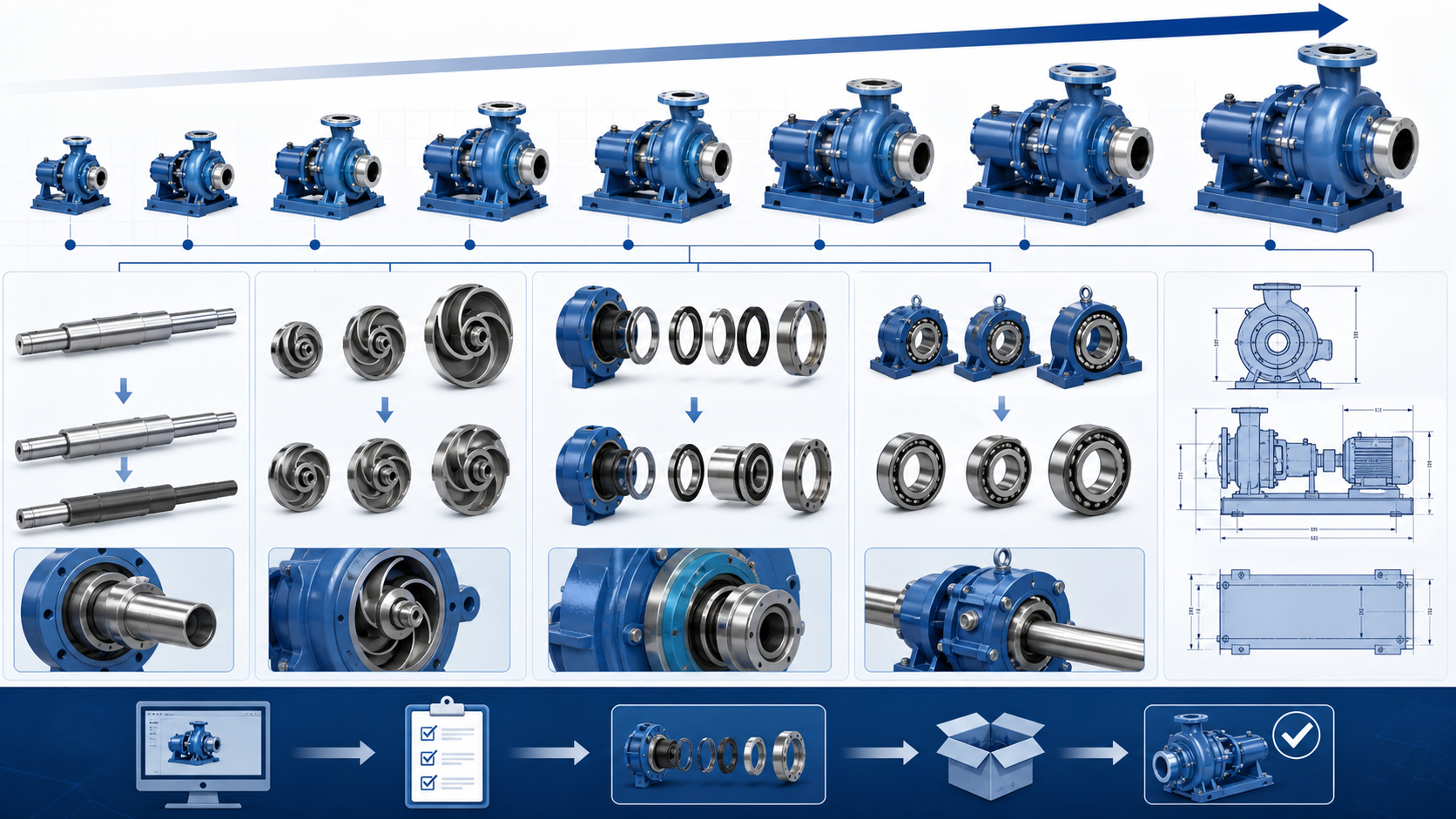 Goulds 3196 replacement part coverage across pump sizes, frames, shafts and wet-end components