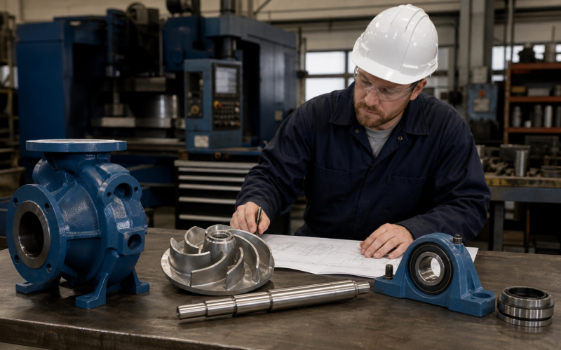 Engineer reviewing Goulds 3196 replacement pump parts including casing, impeller, shaft and seal