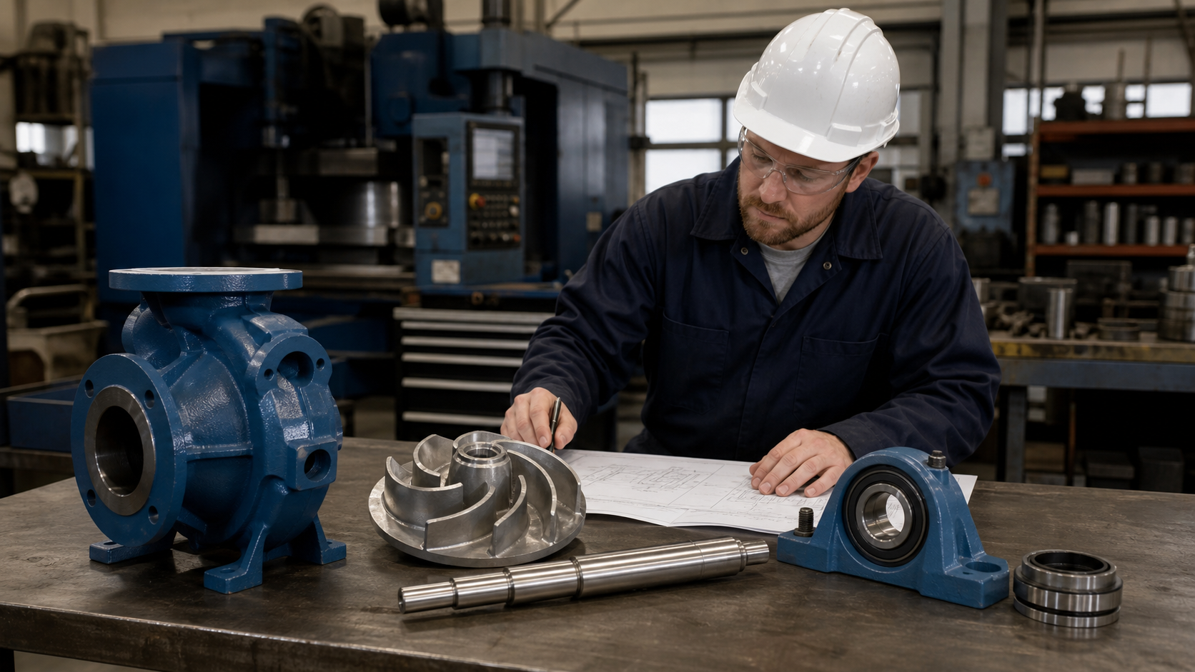 Engineer reviewing Goulds 3196 replacement pump parts including casing, impeller, shaft and seal