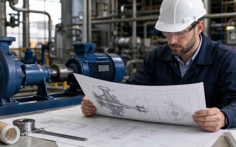 Engineer reviewing overhung rotodynamic pump specification for an industrial ANSI process pump
