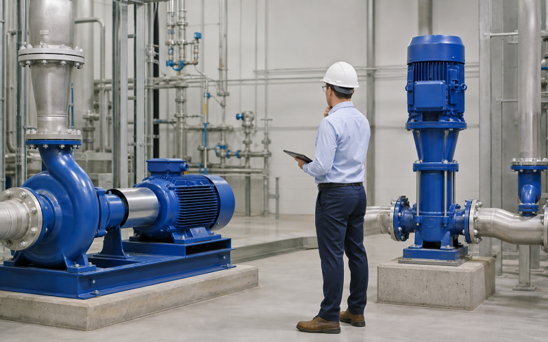 Engineer comparing horizontal and vertical centrifugal pump arrangements in a process plant
