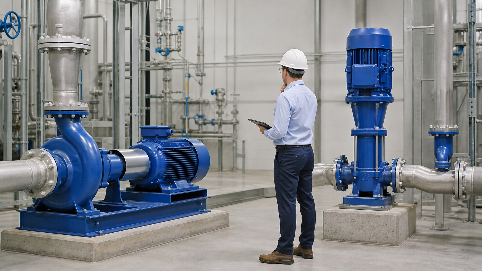 Engineer comparing horizontal and vertical centrifugal pump arrangements in a process plant