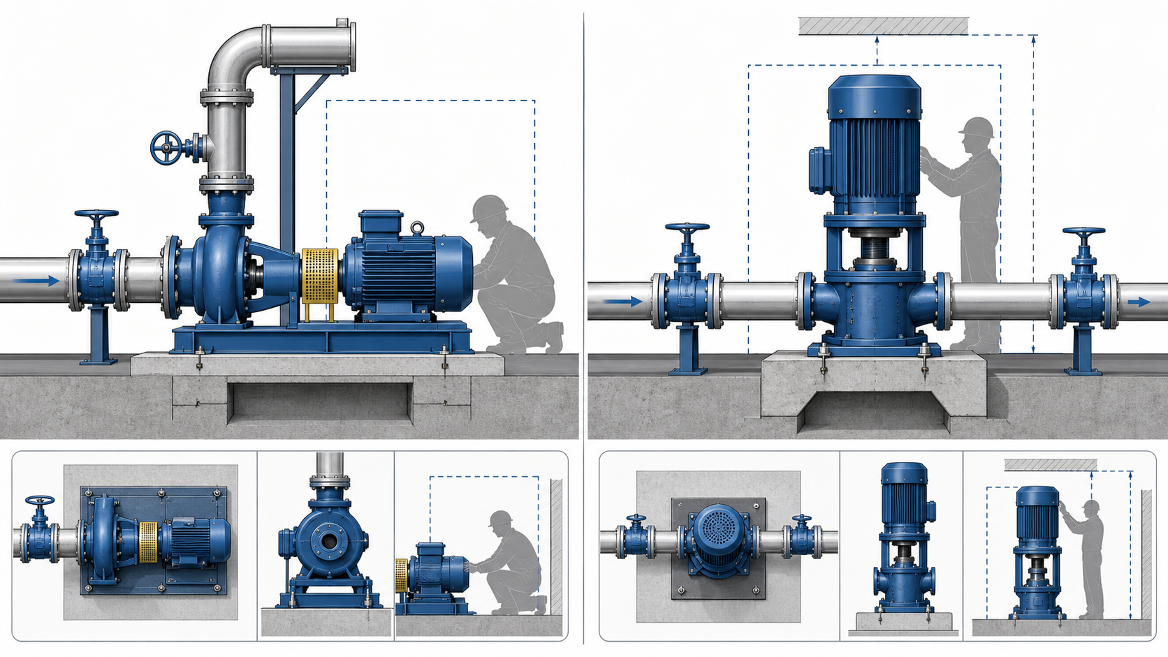 Technical comparison of horizontal and vertical centrifugal pump layouts, foundations and piping