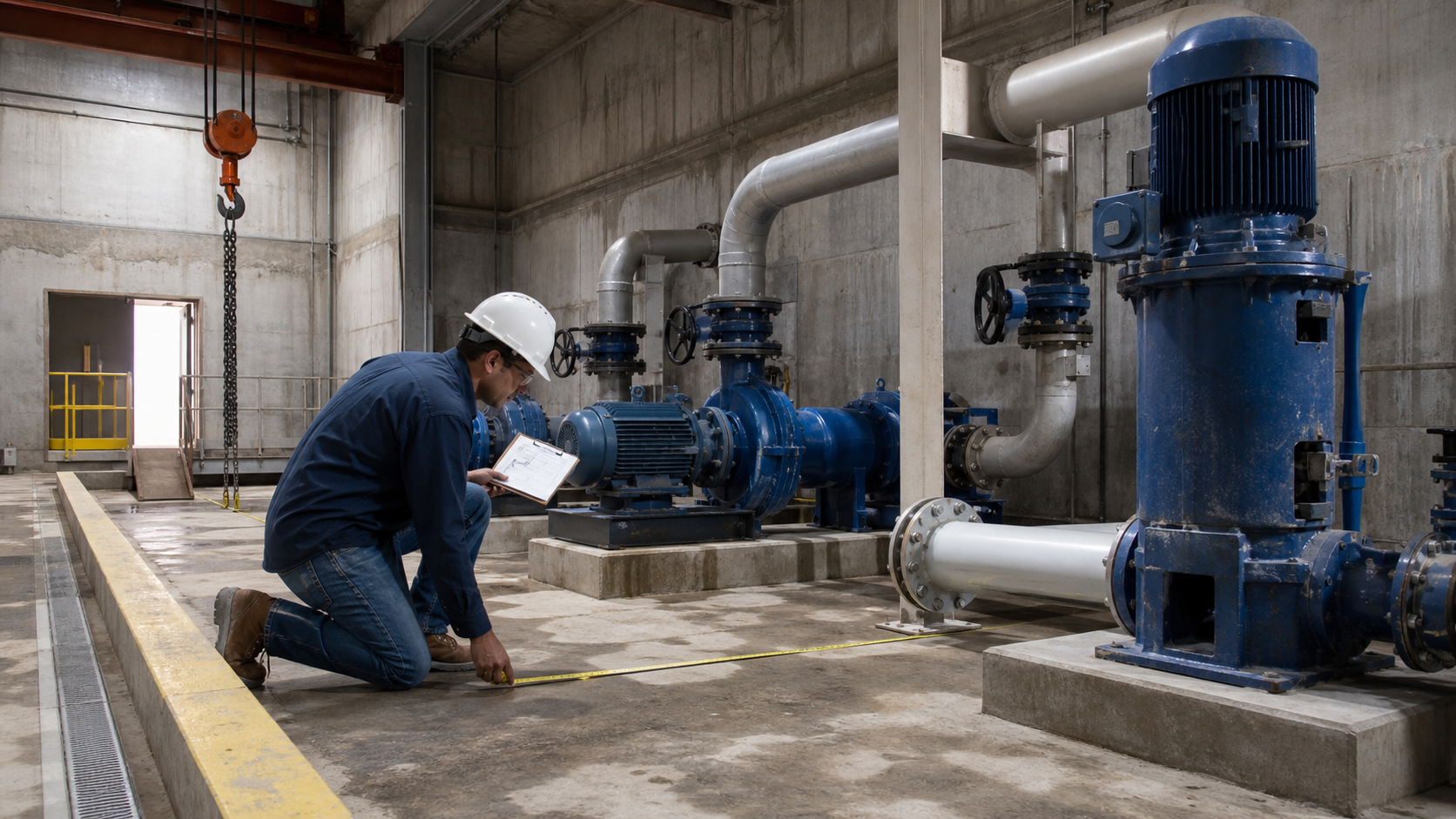 Engineer checking footprint, piping and maintenance access around horizontal and vertical pumps