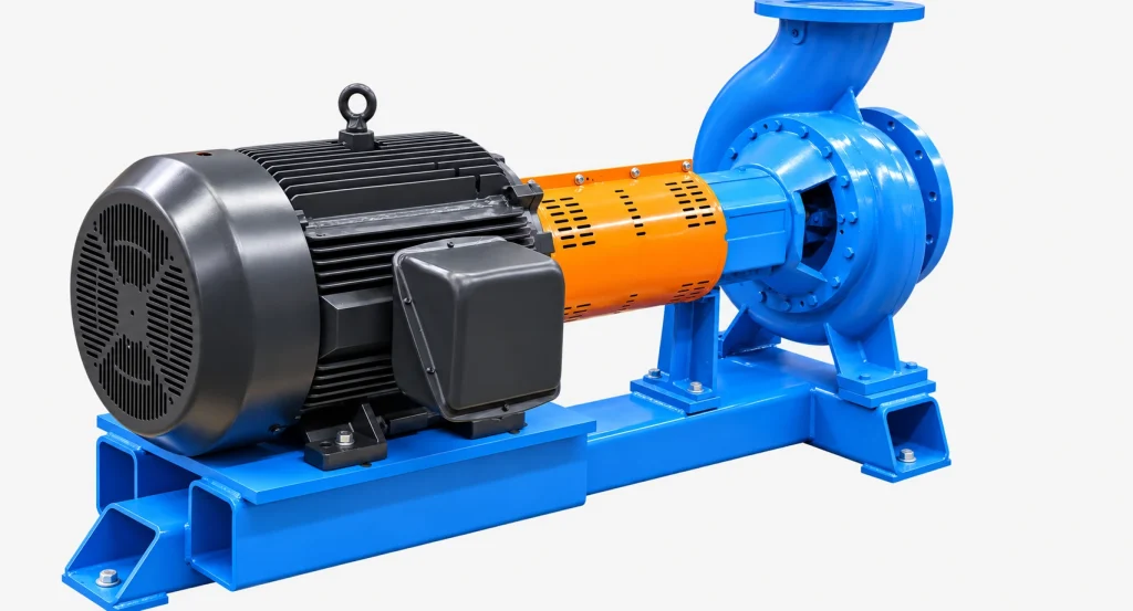 Blue industrial centrifugal pump with electric motor, orange coupling guard and baseplate