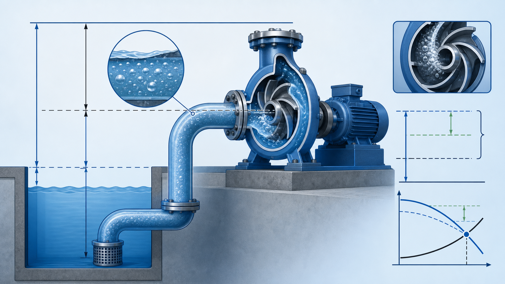 Technical illustration of suction conditions, vapor bubbles and NPSH margin in a centrifugal pump