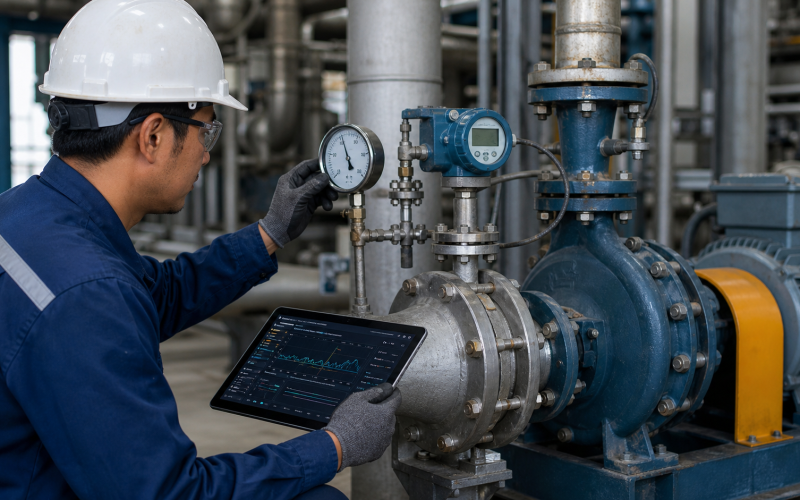 Engineer diagnosing NPSH and cavitation risk on a centrifugal pump