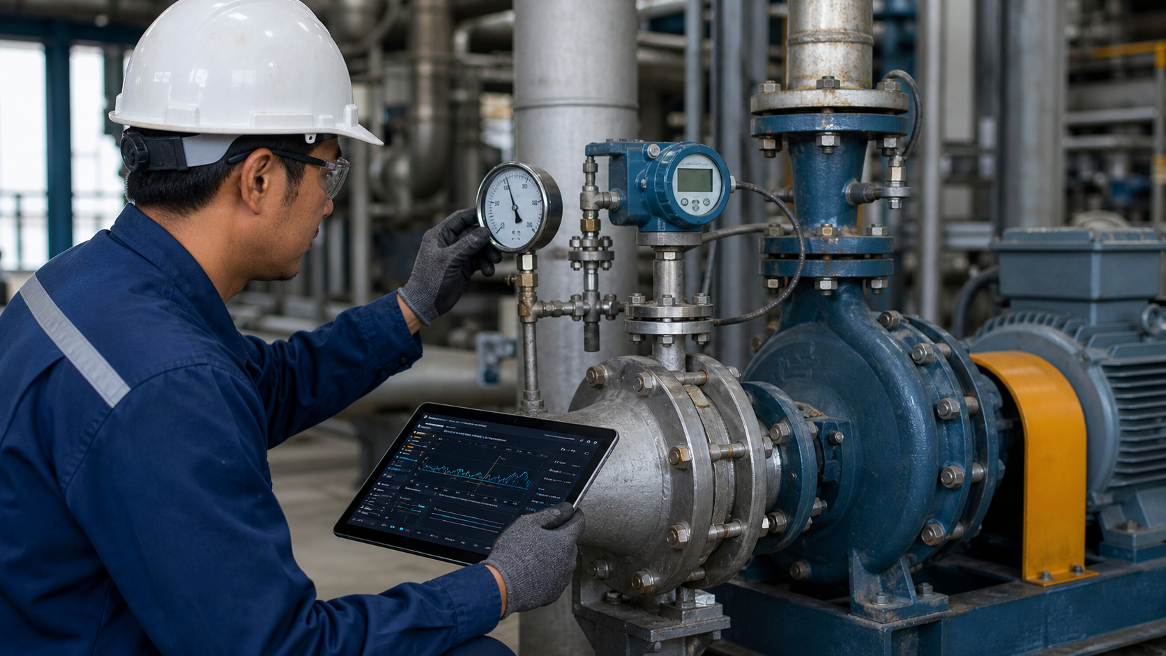Engineer diagnosing NPSH and cavitation risk on a centrifugal pump