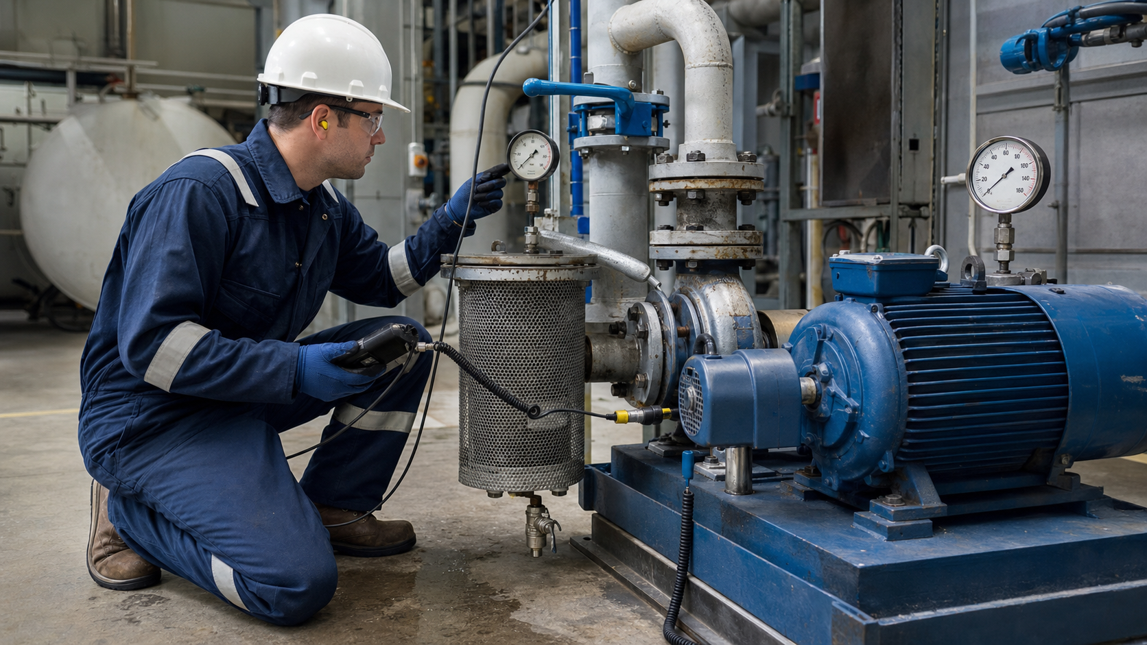 Technician checking suction pressure, strainer and vibration during a pump cavitation investigation