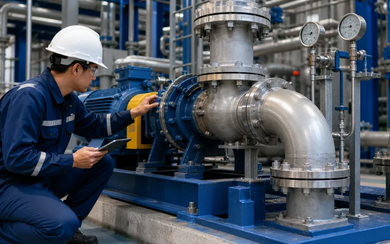 Maintenance engineer inspecting an industrial process pump and its connected piping.