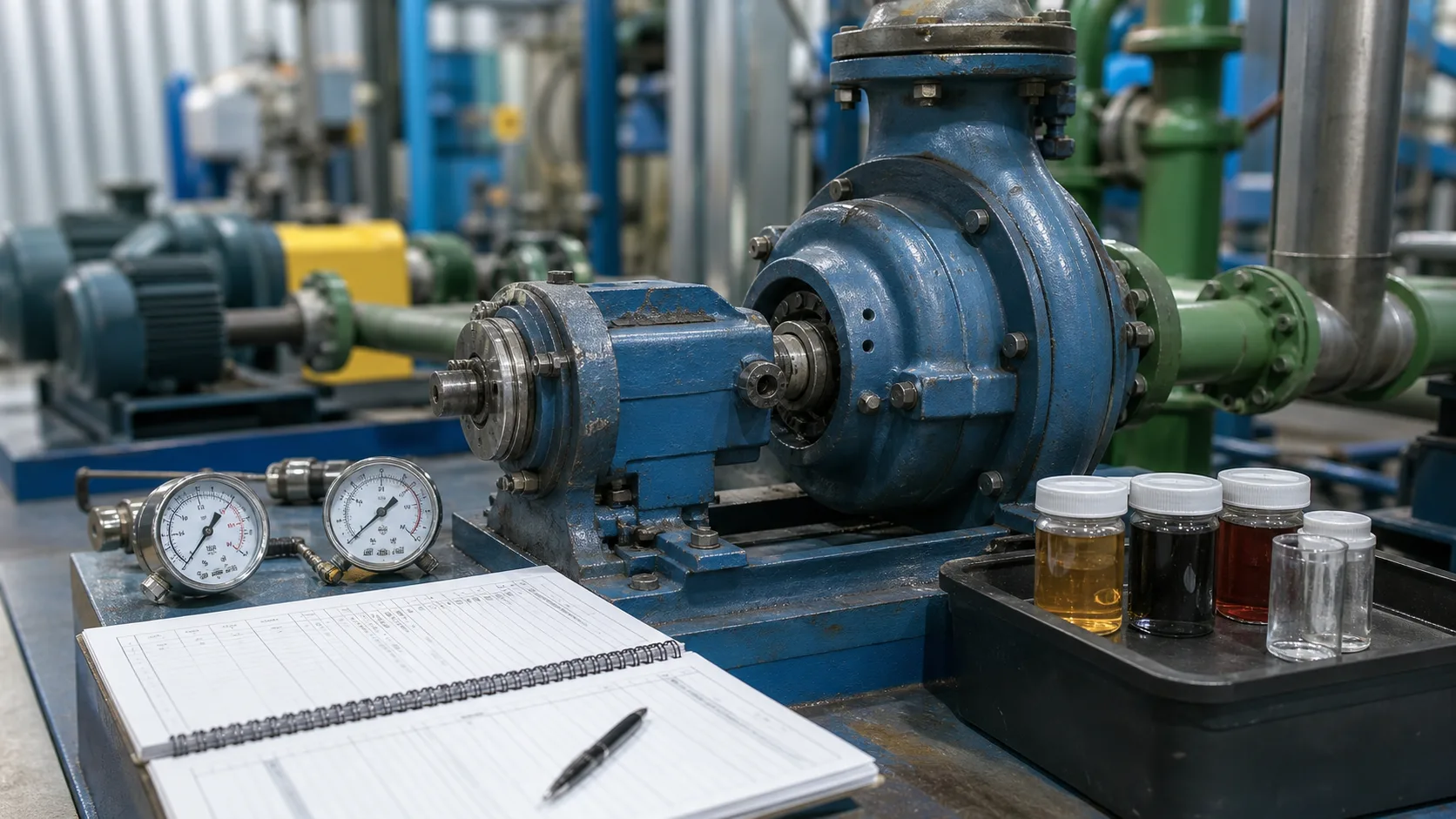 Pump maintenance logbook, pressure gauges and oil samples beside an ANSI pump