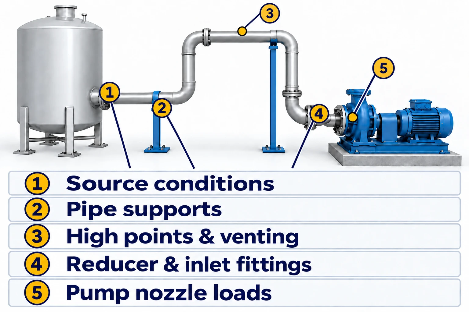 Conceptual pump-piping illustration with five callouts: source conditions, pipe supports, high points and venting, reducer and inlet fittings, and pump nozzle loads.