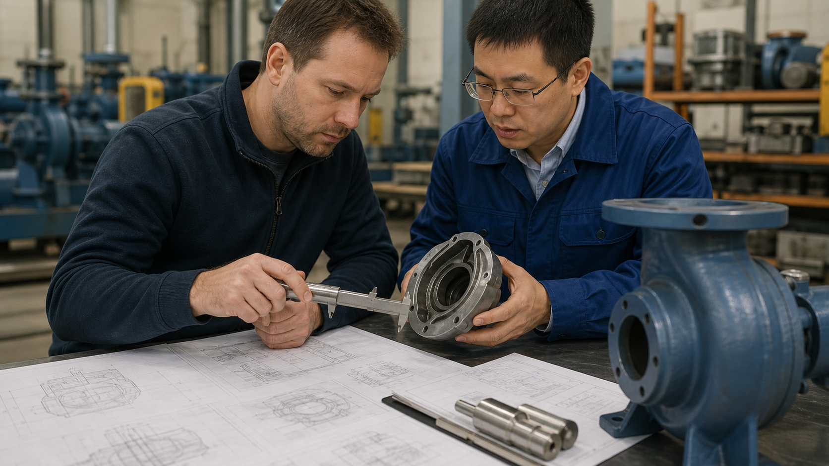 Engineers checking ANSI pump replacement dimensions and seal chamber fitment