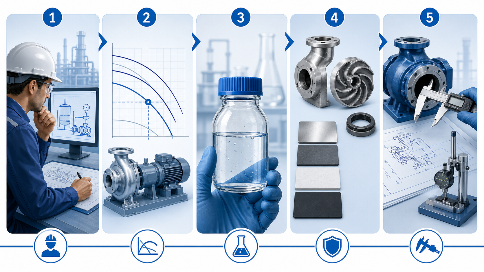 Five-step ANSI pump selection framework covering duty, materials, fitment, quality and lifecycle