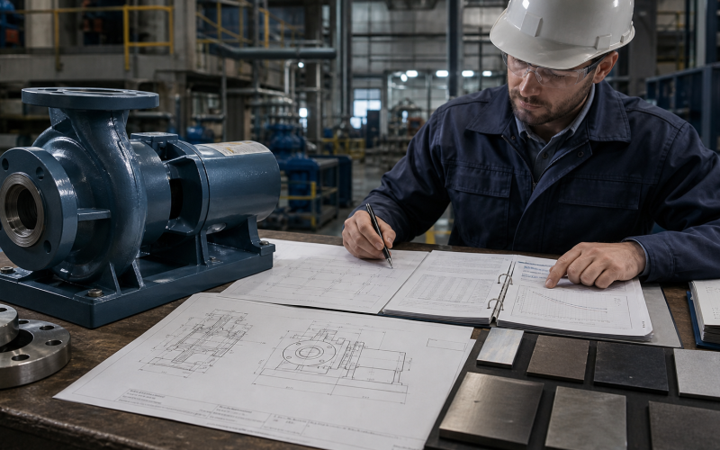 Engineer reviewing an ANSI pump selection with drawings, materials and duty data
