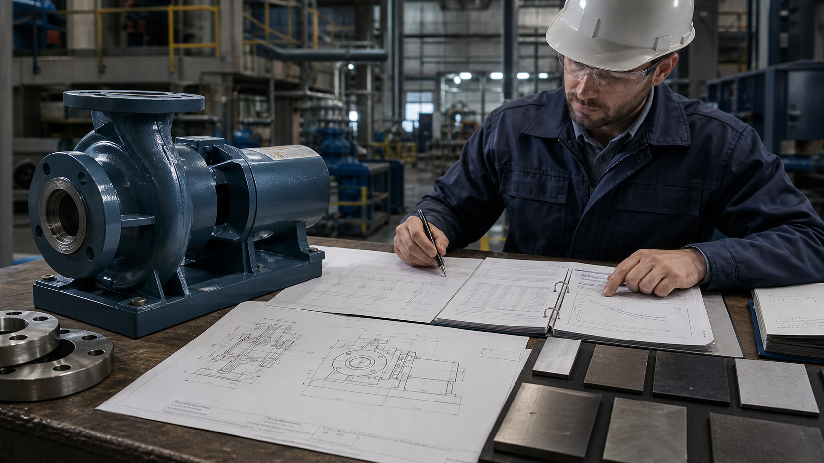 Engineer reviewing an ANSI pump selection with drawings, materials and duty data