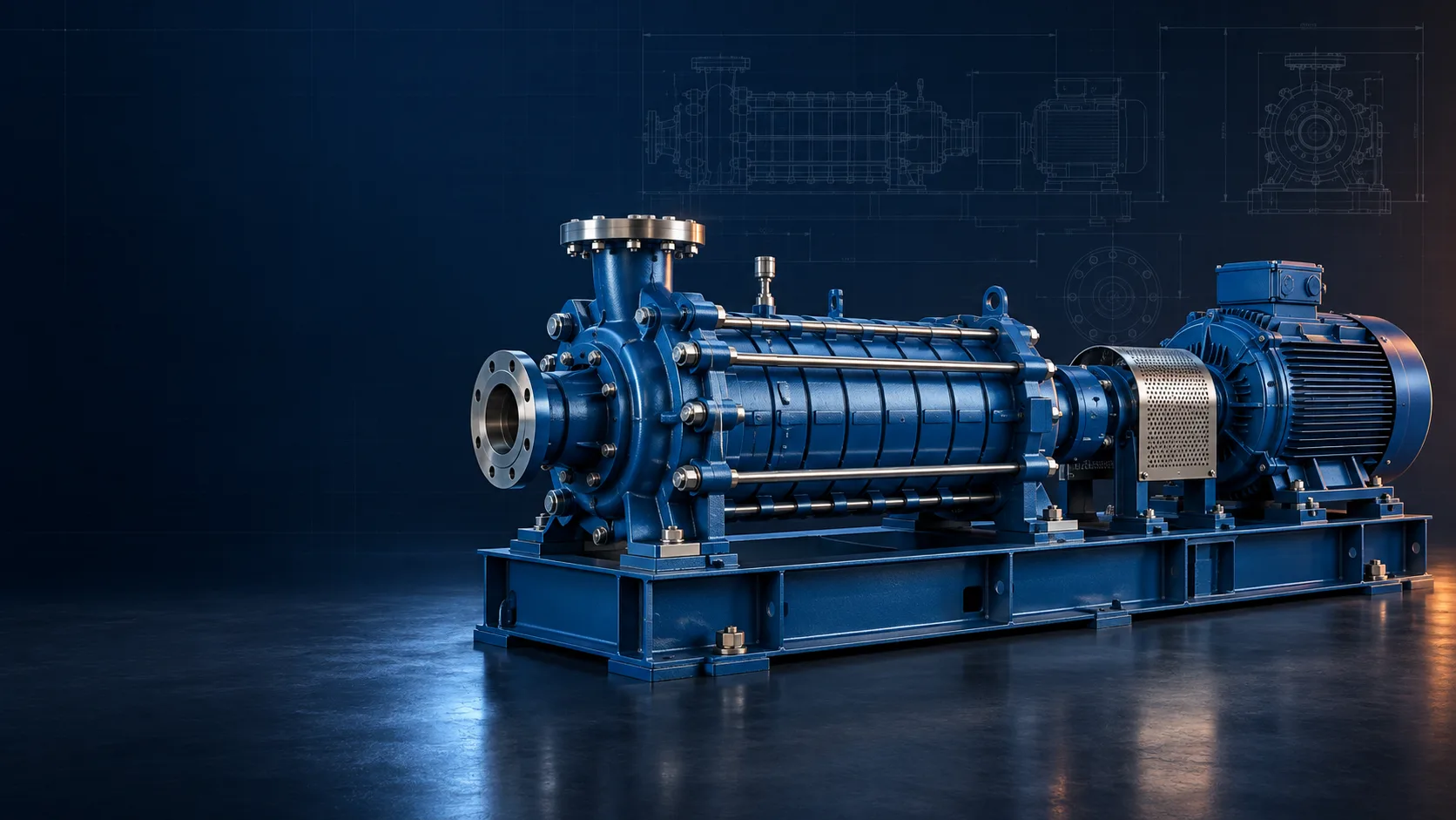 Engineering illustration of an MC high-pressure multistage replacement pump and driver