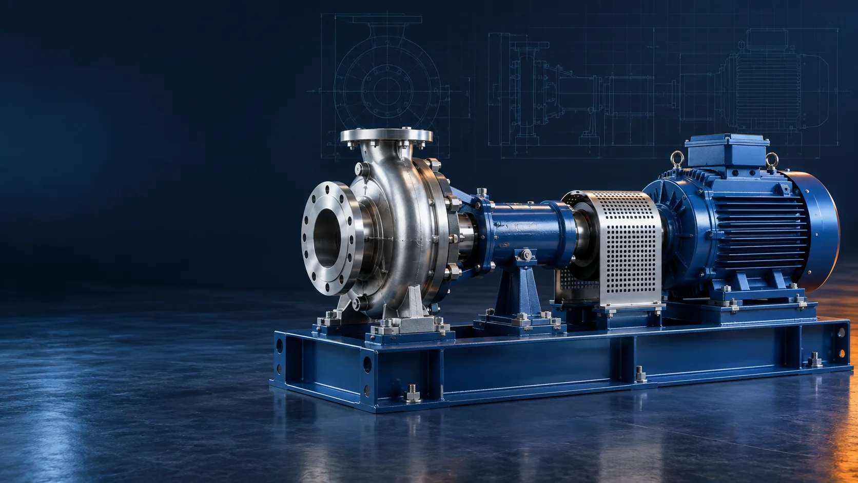 Engineering illustration of a process pump replacement with motor and baseplate