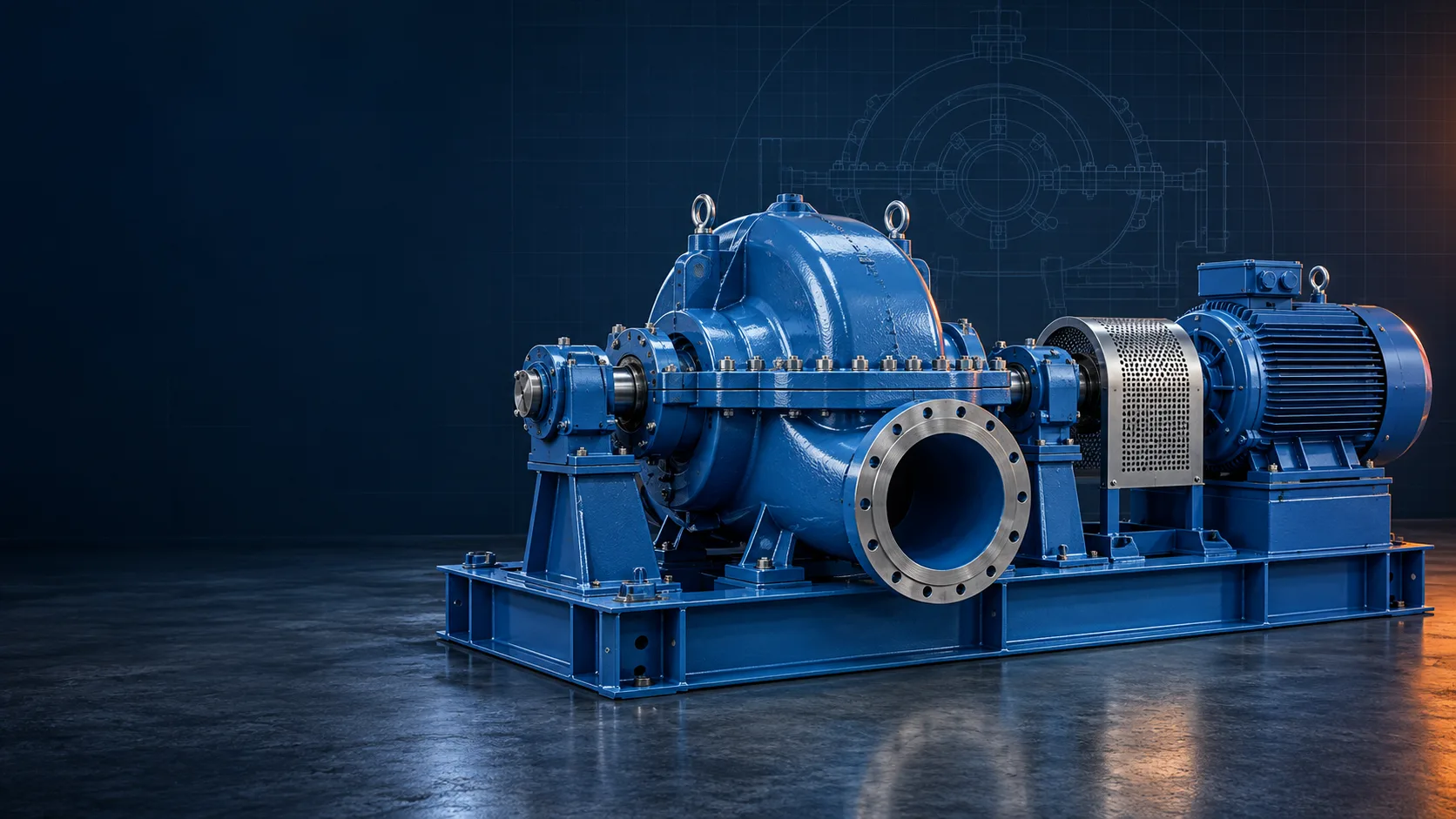 Engineering illustration of a ZPP split-case replacement pump and motor