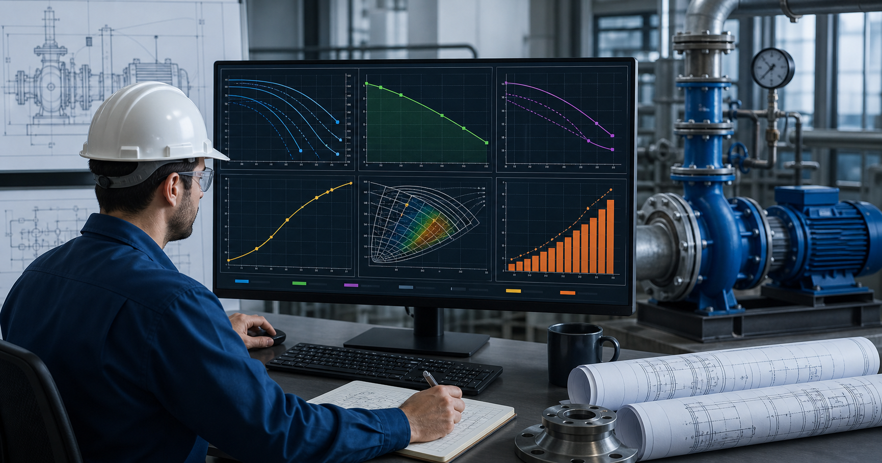 Engineer plotting pump system flow, head, valve position, power and maintenance cost data