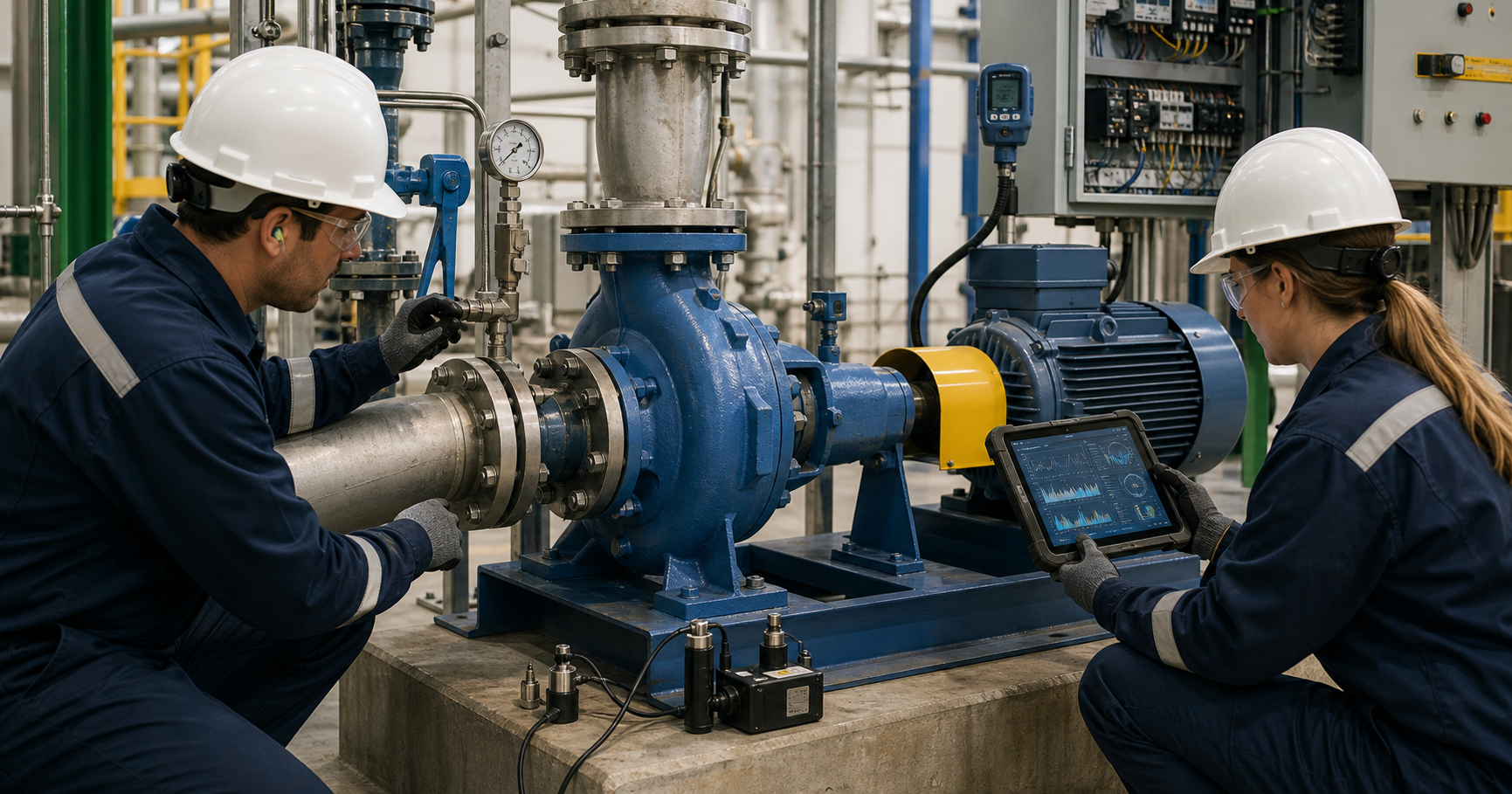Industrial team implementing piping, control, alignment and condition improvements on a pump system