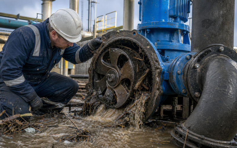 Engineer inspecting an open impeller trash pump handling debris-laden water