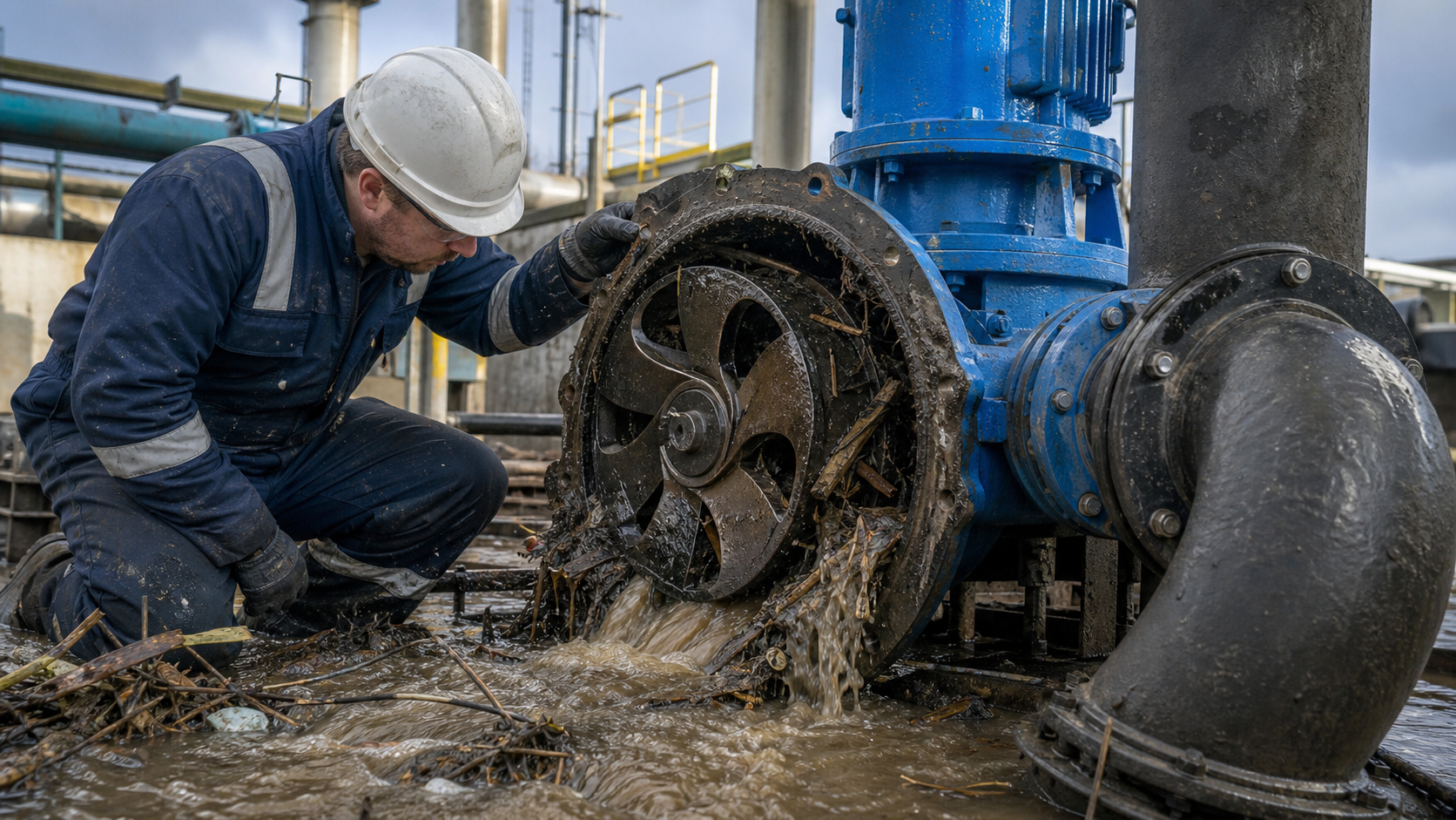Engineer inspecting an open impeller trash pump handling debris-laden water