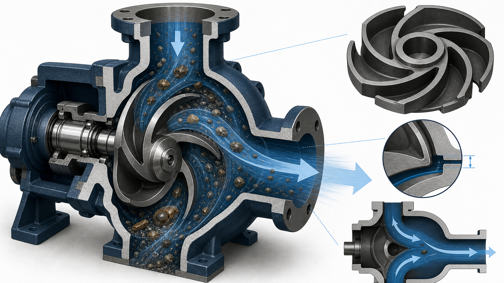 Cutaway illustration of trash pump impeller vane design, solids passage and flow path