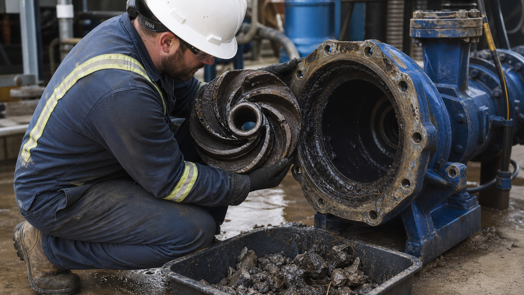 Technician inspecting a trash pump impeller and casing after solids service
