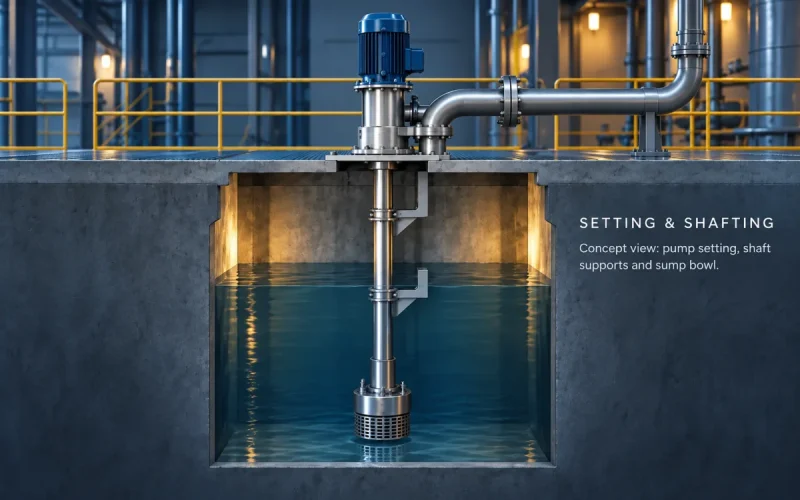 Vertical sump pump concept view showing pump setting, shaft supports, and sump bowl.