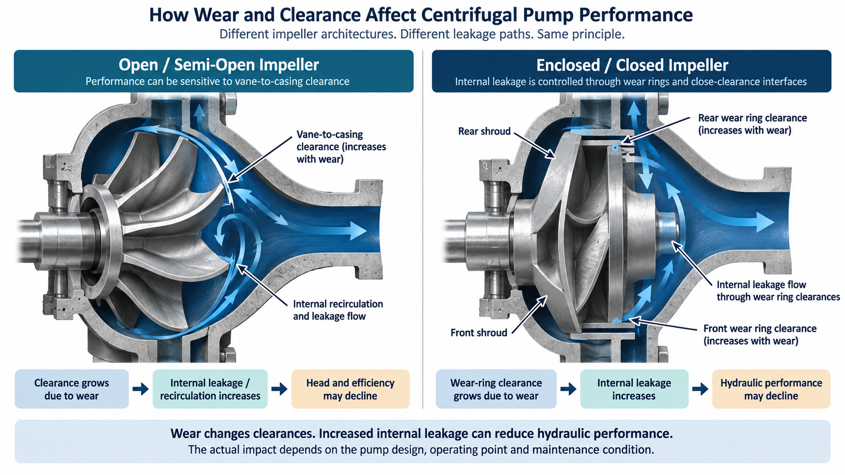 AI-generated engineering illustration showing how impeller clearance wear increases internal leakage in open semi-open and closed pump designs