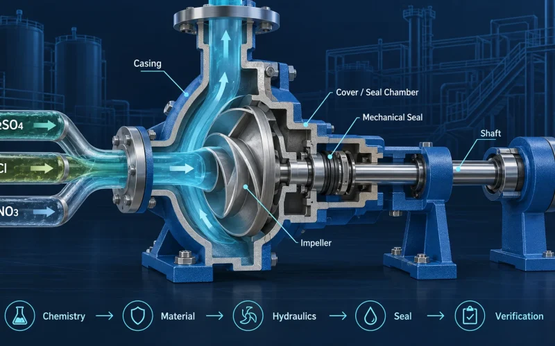 Acid transfer pump engineering selection showing wetted materials, mechanical seal and corrosive chemical service