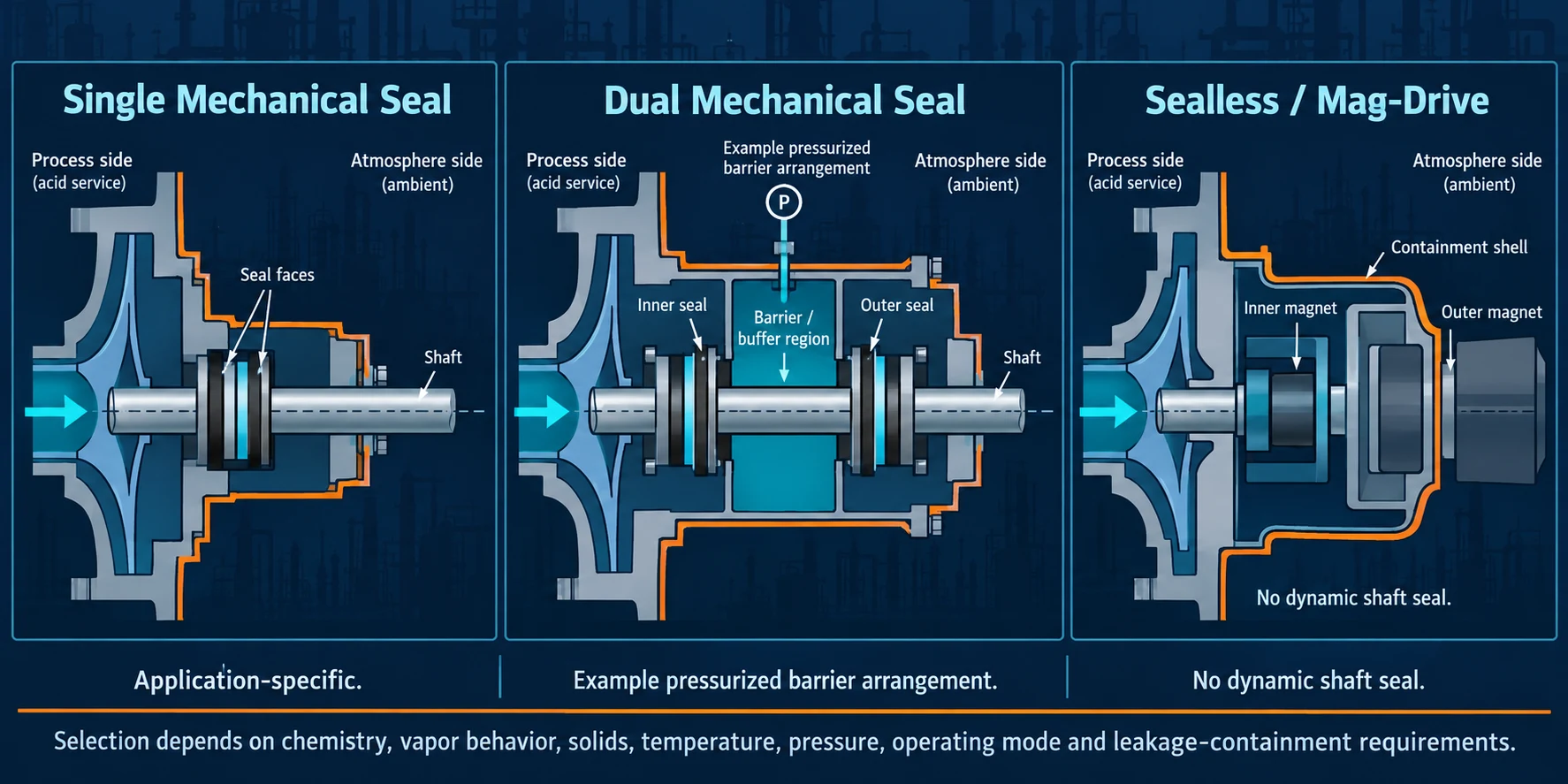 Mechanical seal, dual seal and sealless containment strategies for acid transfer pumps