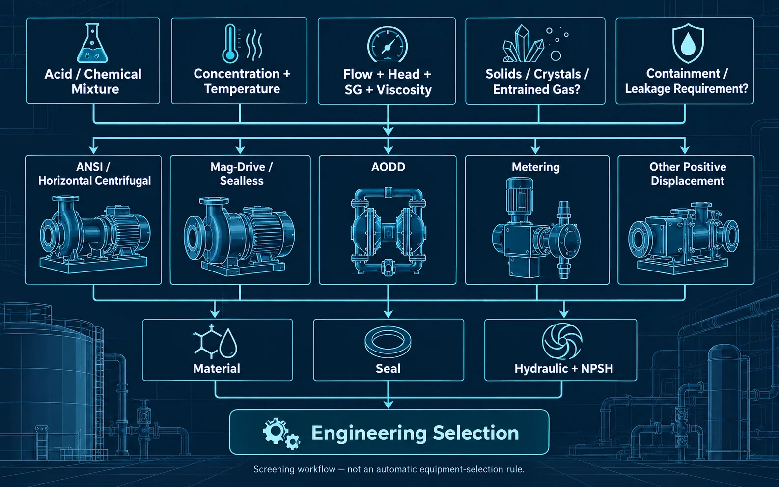Acid transfer pump selection decision tree for centrifugal, mag-drive, AODD, metering and positive-displacement pumps