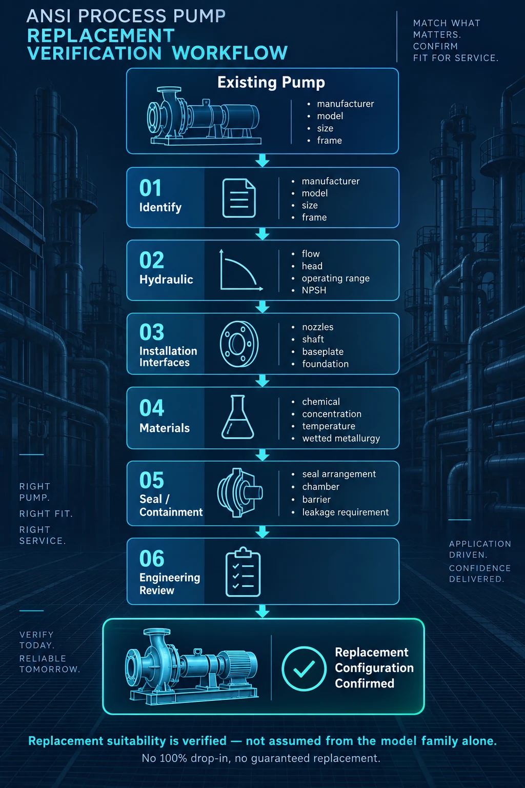 ANSI B73.1 acid pump replacement verification workflow for hydraulic, dimensional, material and seal checks
