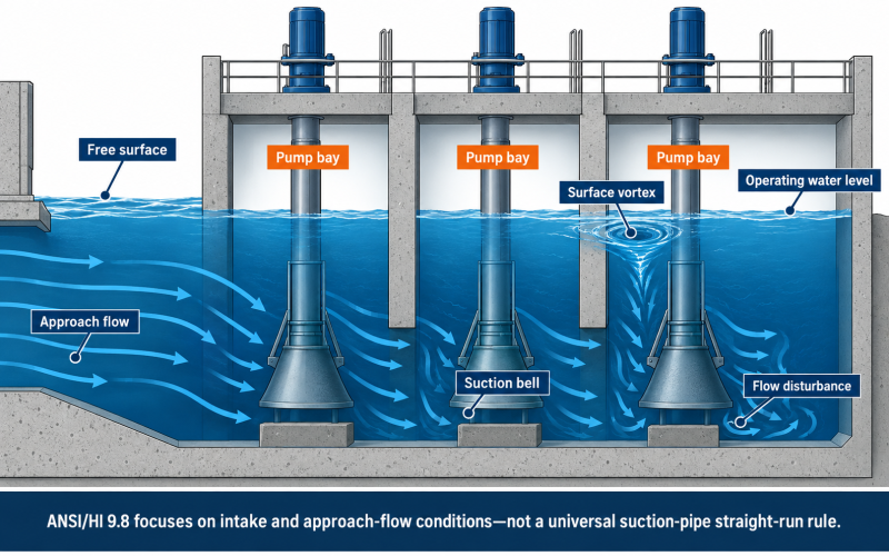 ANSI HI 9.8-2024 pump intake design showing wet well approach flow pump bays suction bells and vortex risk