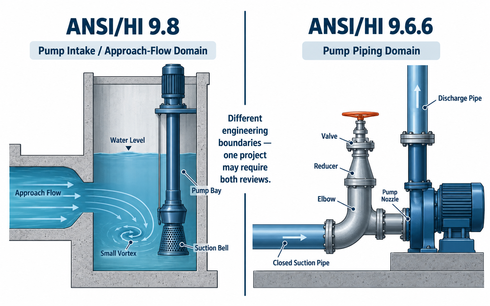 ANSI HI 9.8 versus ANSI HI 9.6.6 engineering diagram comparing free surface pump intake design with closed pump piping