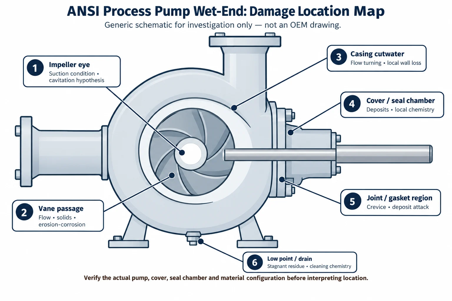 Generic ANSI process pump wet-end corrosion damage location map showing impeller eye vane passage casing cutwater rear shroud cover and gasket regions
